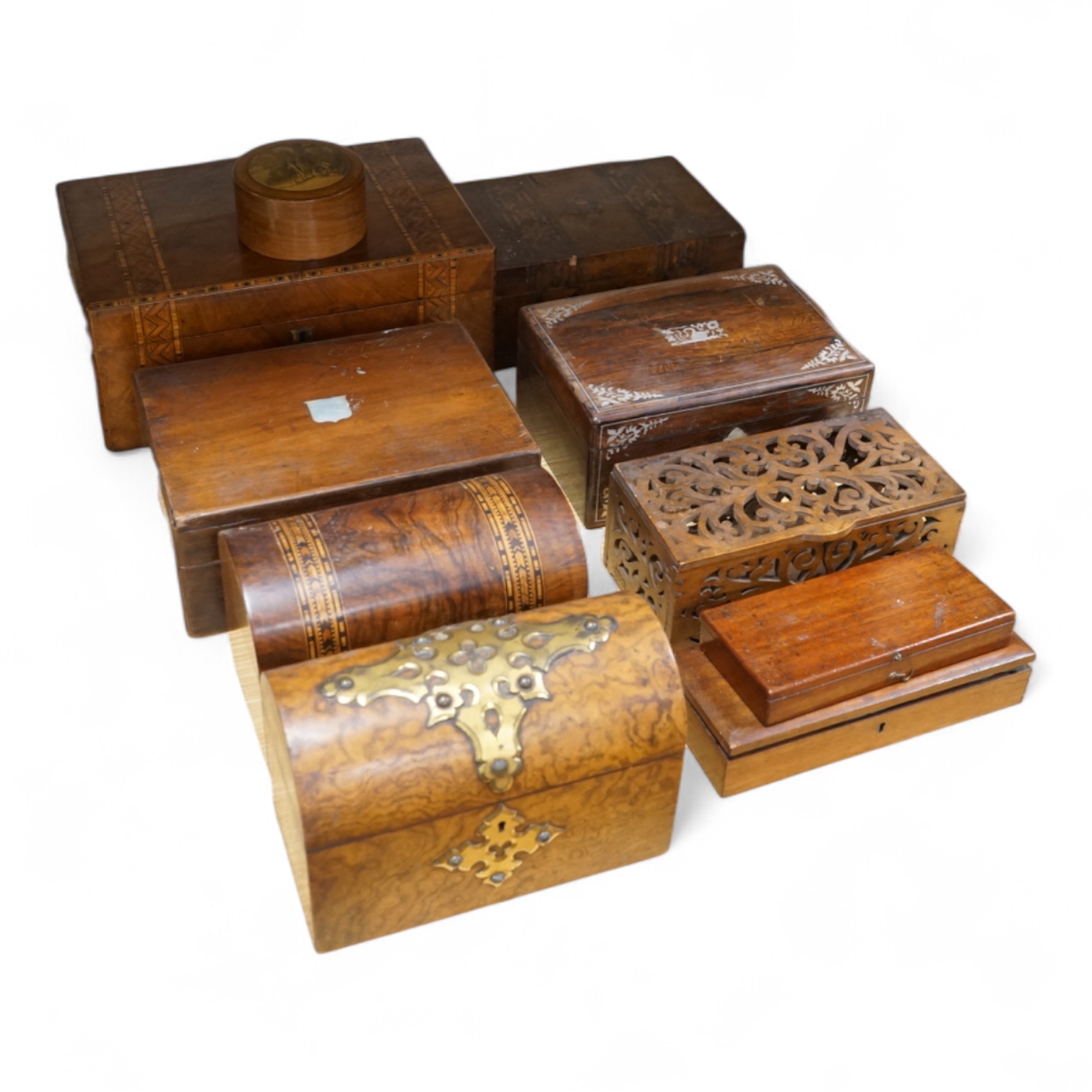 A collection of 19th and 20th century writing, stationery, tea caddies and painting boxes, largest 34.5cm wide (10)